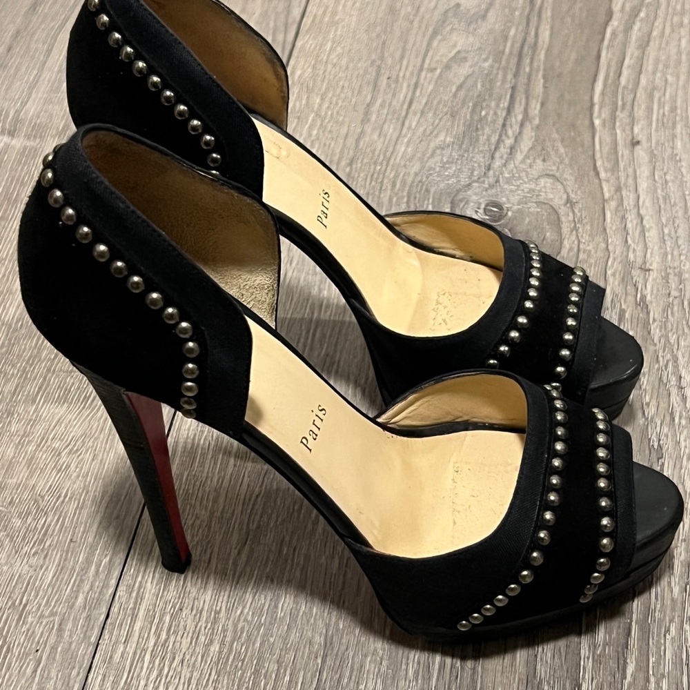 Christian Louboutin Black Suede Studded Peep-Toe Heels with Red Sole